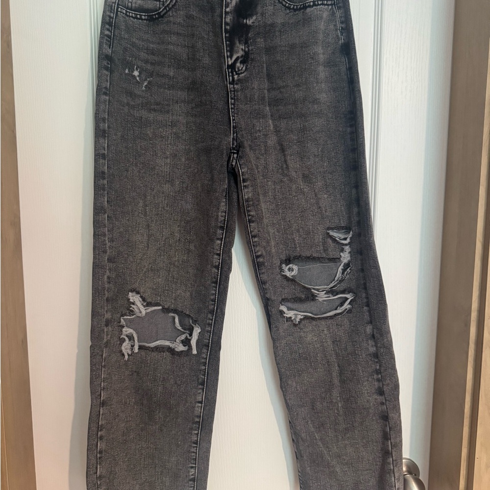 SHEIN Black Straight Leg Jeans with Vintage Distressing